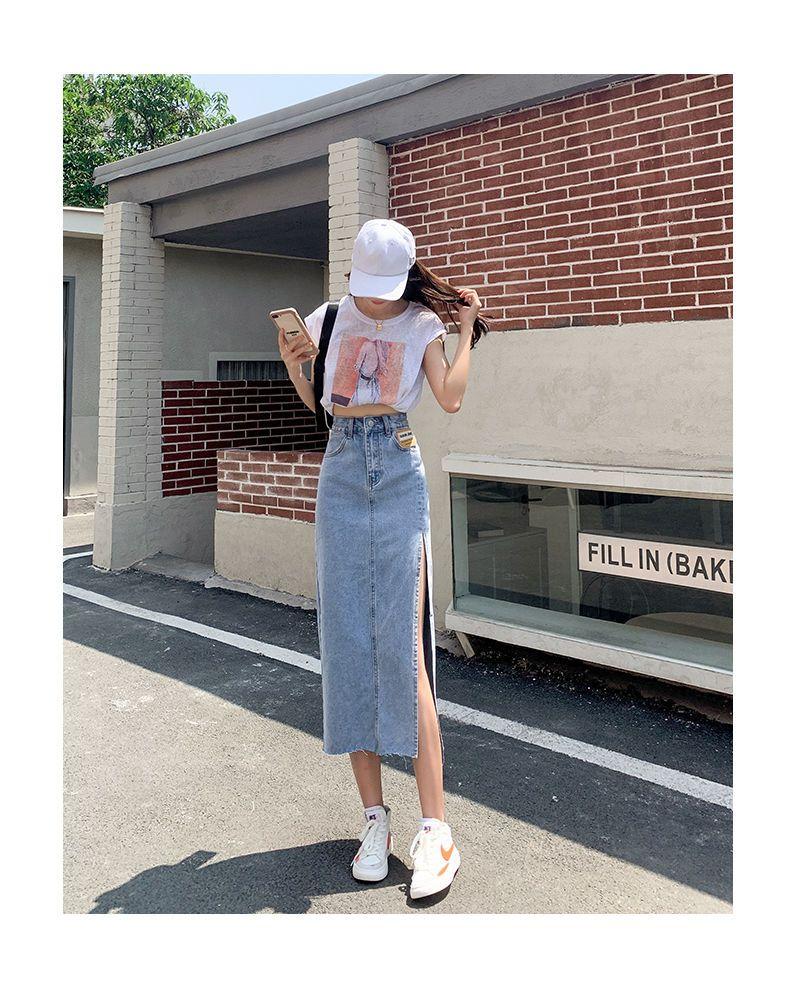 Product Introduction of CQ Chic - Internet Celebrity Side  lady  Slit Denim Skirt Women's Summer   High Waist Split  fashion Sheath A- line Midi Skirt [2102] 11