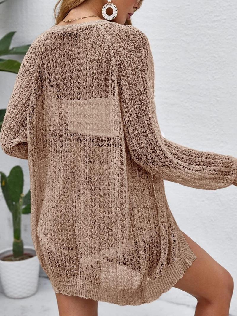 Product Introduction of Women's Solid Color Hollow Out Long Sleeve Cardigan, Casual Open Front Knitwear for Summer, Fashion Women's Knit Clothing for Daily Wear, Going Out Tops 2