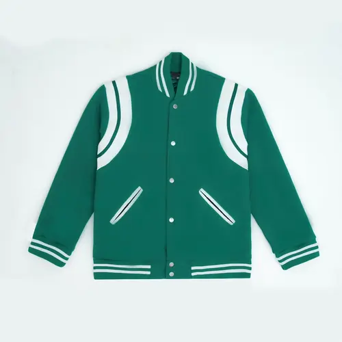 Áo khoác varsity teddy xanh Green sọc trắng bomber form croptop chất nỉ dạ