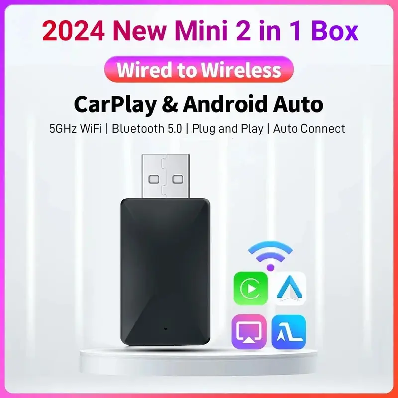 Bộ Chuyển Đổi Carplay không dây, Dongle thông minh không dây trên ô tô Android, 2in1, Tương thích với Volvo, Benz, Audi, Kia, Hyundai, VW, Mazda, Cadillac, MG, Peugeot Phụ Kiện Phụ Tùng