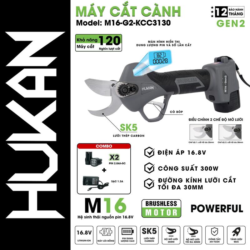 Kéo cắt cành Hukan 16.8V GEN2 -M16-G2-KCC3130 bộ 2 pin 1 sạc chính hãng - Thiết kế thông minh