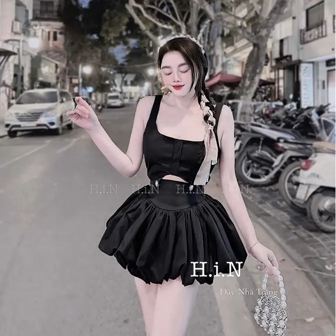 Set Quần Bí Phồng,phối áo dây mút ngực,khoét eo cos nút khoe dáng.form chuẩn..chất cotton lạnh...Size 40-54kg Green Casual Dresses giặt bằng nước lạnh 【 đá quý 】 đen 2