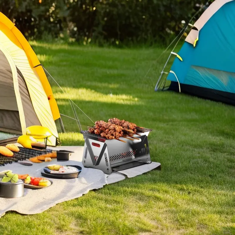 #KUP 1pc Portable Stainless Steel Camp Stove With Removable Grill Mesh - Perfect For Outdoor Camping And Picnics 2