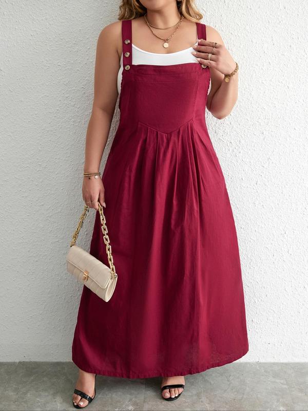 Women's Plus Size Plain Buttons Plicated Pocket Pinafore Dress without Camisole, Summer Clothes Women, Casual Square Neck Sleeveless Long Dress for Summer, Ladies Plus Clothing, Dresses Summer 5