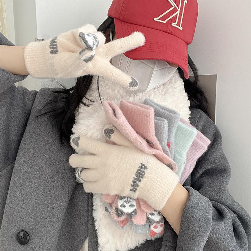 Kawaii Touchscreen Winter Gloves‌ – 5-Finger Knitted Design with Thermal Fleece Lining, Waterproof TPU Thumb Patch & Reflective Stripes (Bike Riding Approved) ‌ 0
