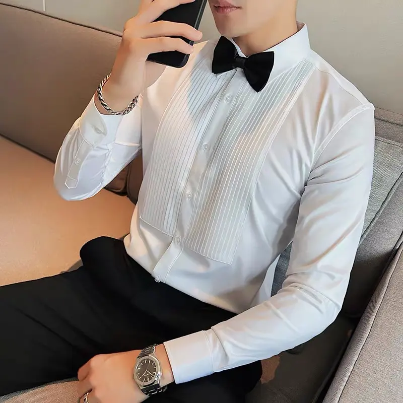 Áo Sơ mi công sở xếp ly ngực mẫu mới 2 màu Trắng Đen chất lụa hàn mịn chống nhăn cao phù hợp với mọi lứa tuổi Menswear Nam