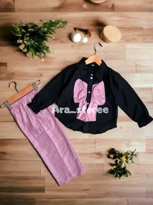 Setelan Cargo anak perempuan model pita kupu kupu bahan polo linen Baju dan Celana Usia 3-12 Tahun Fashion