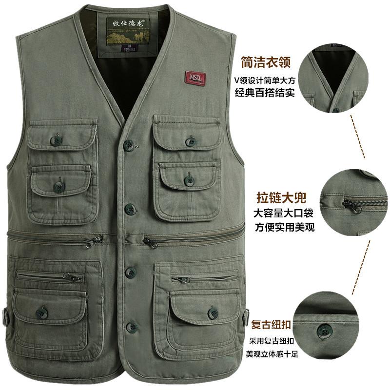 Product Introduction of Spring and Autumn Pure Cotton Men's Vest Middle-Aged and Elderly Hurdle Vest Jacket Men's Dad Button with Buttons Multi-Pocket Vest Menswear Tops Lingerie Gilet Waistcoat Beige Plain Human Tropical 12