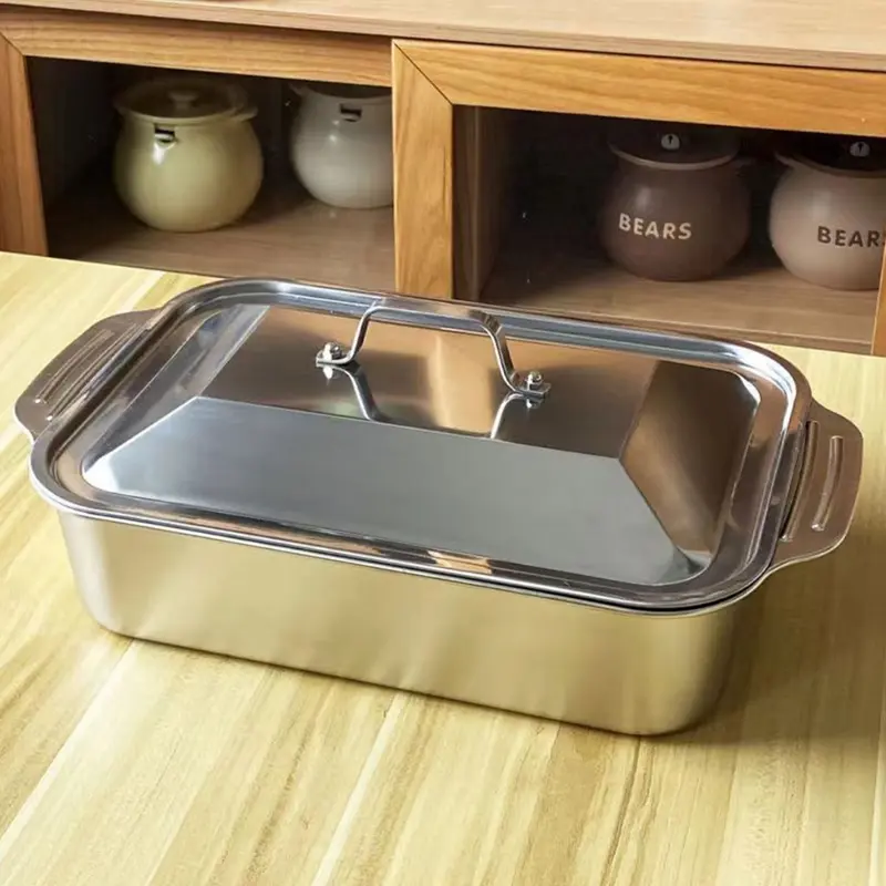 Khay Nấu Ăn Inox Sus410 Có Nắp Để Om cá, Nướng Bánh, Nấu Lẩu Đa Năng - Kích Thước 41cm x 24cm x 8cm 1