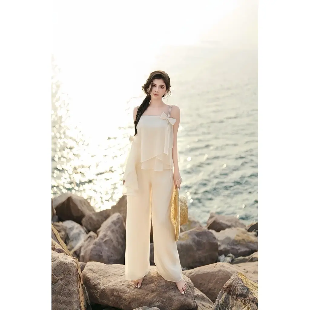 Set maxi đi biển 2 Dây Đính Nơ + Quần Ống Rộng tơ tằm ánh kim45-65KG kem hồng baby babydoll Áo Nữ Jacket Thun