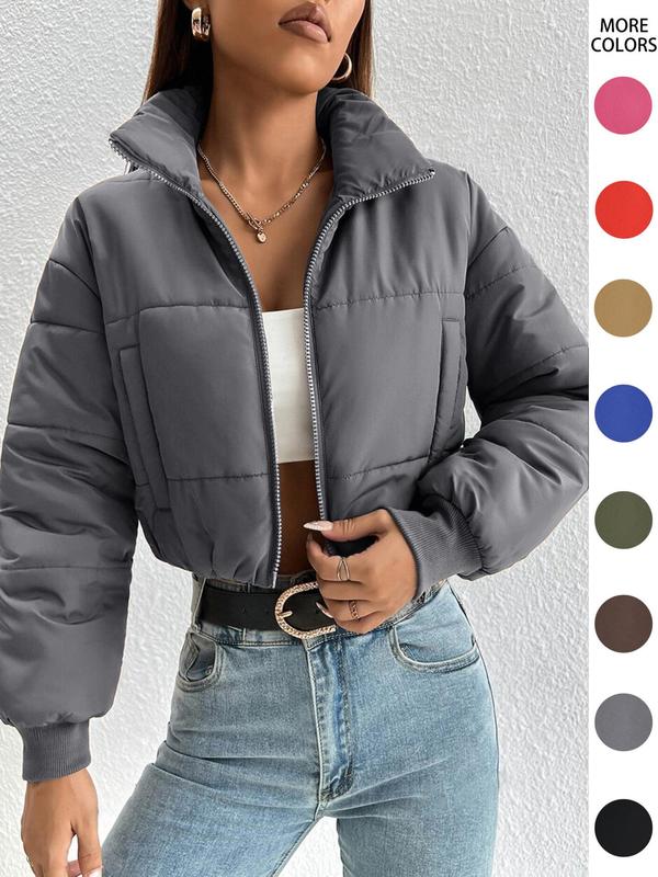 Women's Solid Zip Up Drop Shoulder Stand Collar Crop Puffer Jacket without Top, Coats for Women, Fashion Casual Mock Neck Zipper Short Coat, for Spring Fall Winter, Feminine Tops, Womens Tops 6