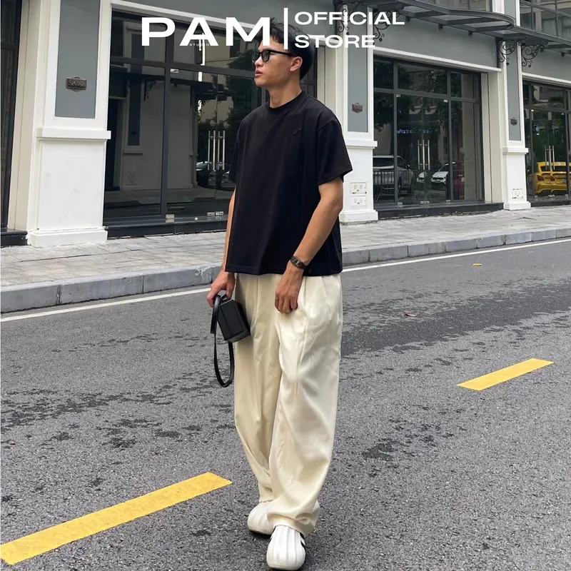 Quần ống rộng xếp ly PAMSTUDIO bản cao cấp , chất liệu nhung tăm hàn mềm mịn  form rủ , hạn chế nhắn , độ bền cao , thời trang unisex, phong cách streetwear L65 Nam Menswear Đen Pants 0
