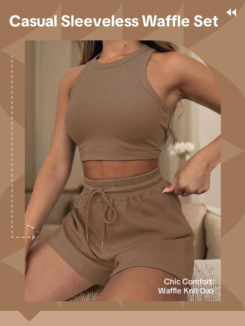 Product Introduction of Women's Solid Crop Tank Top & Shorts Two-piece Set, Casual Fashion Cozy Two Piece Outfits for Daily Outdoor Wear, Ladies Clothes for Summer, Tracksuit 1