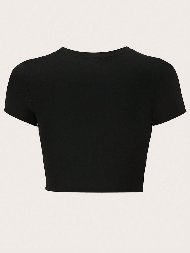 Product Introduction of Women's Letter & Heart Print Round Neck Crop Tee, Casual Short Sleeve Crew Neck T-Shirt for Summer, Fashion Women's Top for Daily Wear 2