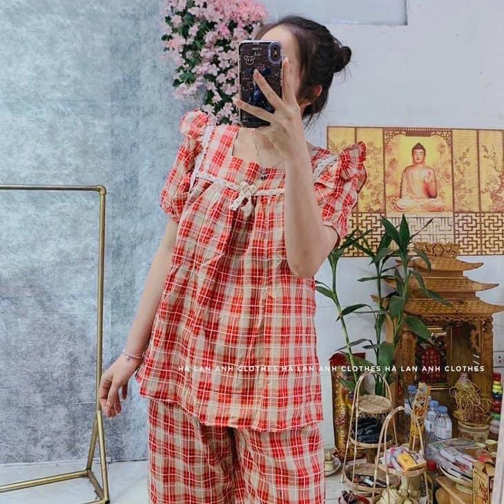 Đồ bộ bầu và sau sinh áo có khóa mở cho bé ti, Bộ bầu cộc tay kẻ thô mềm,quần bầu có chun chỉnh tiện lợi BL876 2