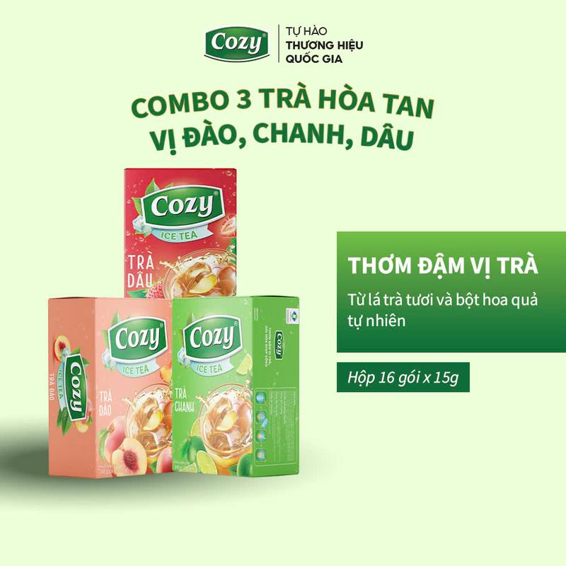 Combo 3 Hộp Trà Hoa Quả Hòa Tan Icetea Cozy Gồm Đào, Chanh, Dâu Vị Thơm, Ngon Chua Ngọt Dễ Uống Hộp 16 Gói Nước Trà Thơm, Từ Lá Chè Tươi Nguyên Chất