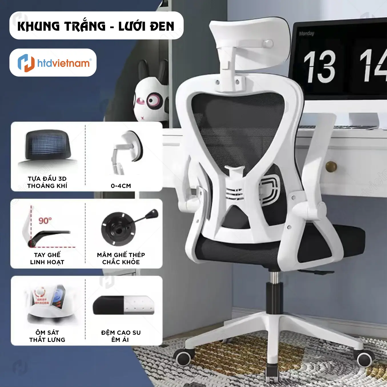 Ghế xoay văn phòng công thái học | HTD V1 - ghế làm việc tại nhà bảo vệ cột sống , Vải lưới tựa đầu 3D thoáng khí, tay ghế gập mở linh hoạt