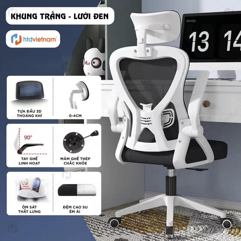 Ghế xoay văn phòng công thái học | HTD V1 - ghế làm việc tại nhà bảo vệ cột sống , Vải lưới tựa đầu 3D thoáng khí, tay ghế gập mở linh hoạt