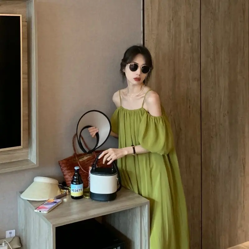 Váy Đi Biển, Phong Cách Pháp Màu Xanh Lá Cây, Kiểu Dây Đeo Che Béo, Váy Trễ Vai Dáng Rộng Mùa Hè Cho Nữ, Váy Dài Màu Trắng, Thích Hợp Cho Phụ Nữ Có Bụng To Dress Women