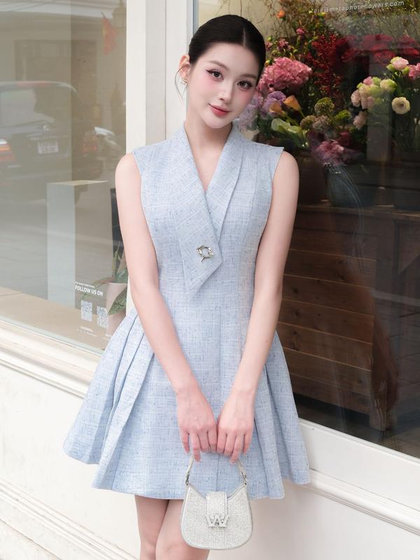 JOVEN Đầm Vest Nữ Amy Cổ Lệch Tùng Váy Xếp Li 2 Bên Vải Bố Gân Dày Dặn Women