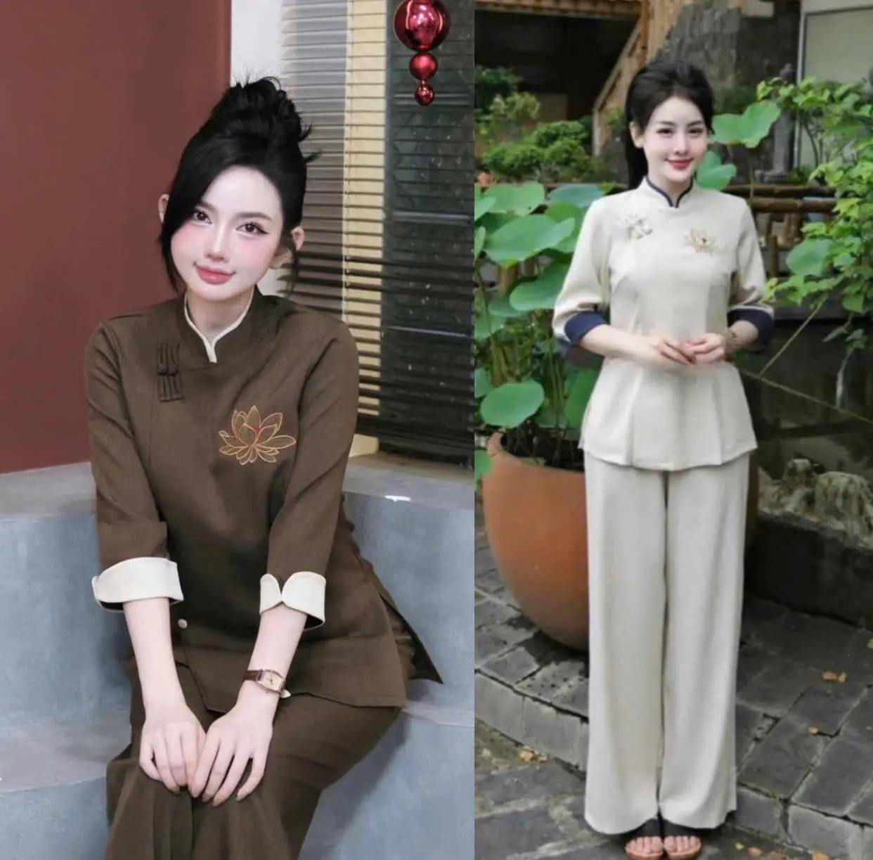 BIGSIZE HIẾU HIẾU (55-95KG) - Set bộ đồ lam truyền thống tay lửa thêu hoa sen S485