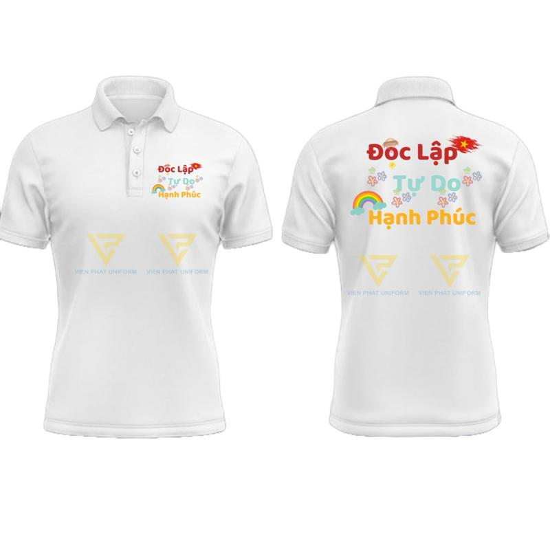 Áo polo trắng unisex in ĐỘC LẬP- TỰ DO - HẠNH PHÚC - Viễn Phát Uniform 1