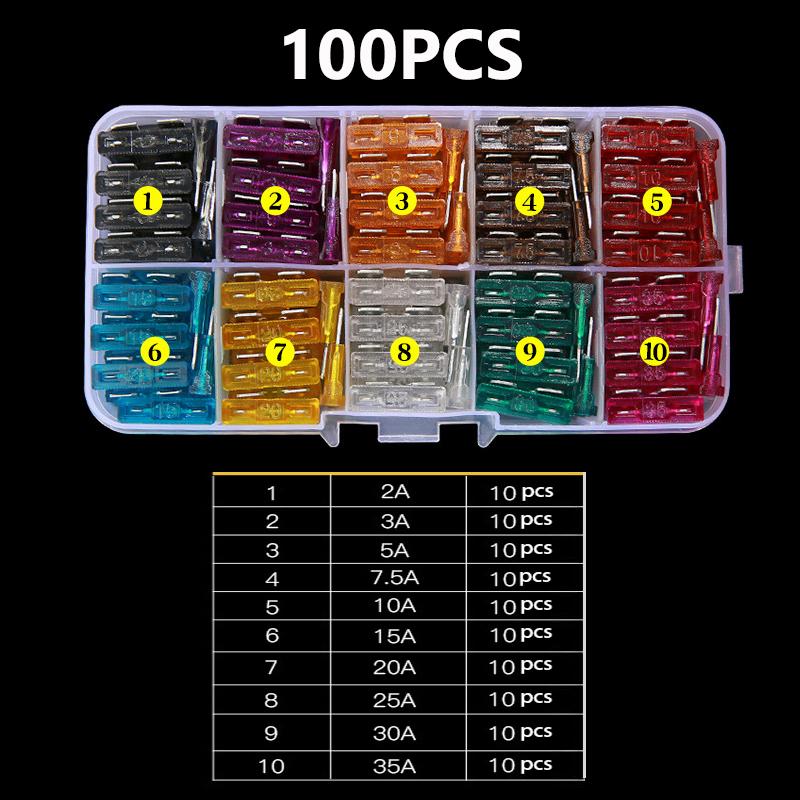 Product Introduction of Spot Goods COD 100/50pcs Car Fuse Assortment Set Profile Middle Size Blade Type Fuse Auto Car Truck 2-35A Fuse with Box Clip 15