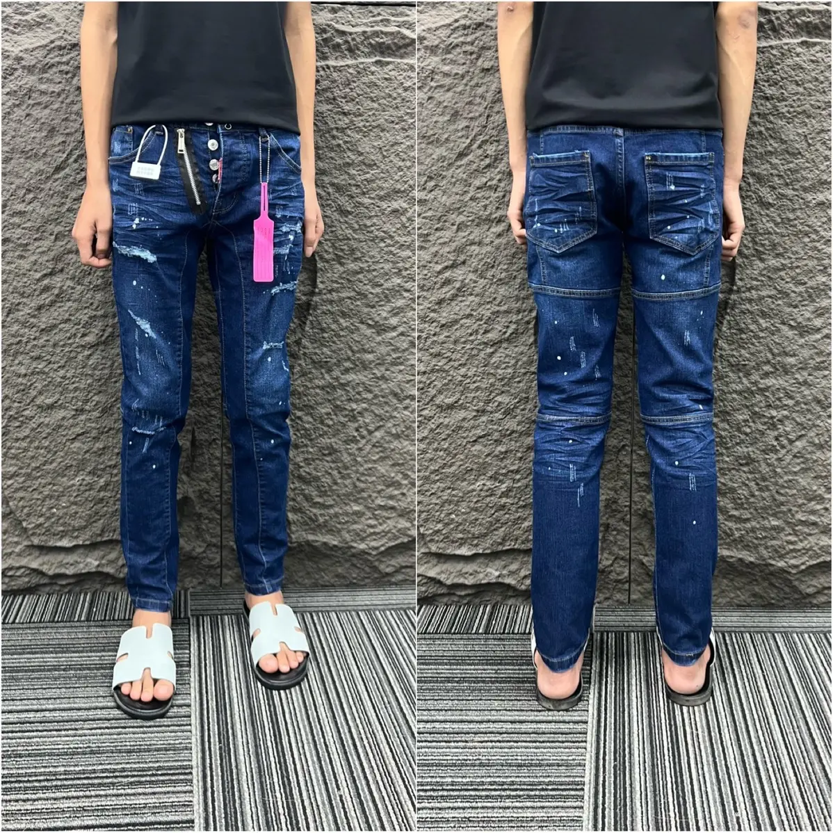 Quần jean nam xanh đậm bo gân xước rách và bản k rách khoá lệch  Menswear Pants Nam