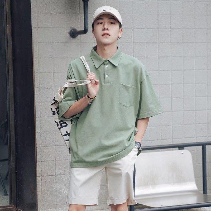 Product Introduction of Green Short Sleeve Polo Shirt for Men Summer Ins Trend Loose Fit Hong Kong Style Versatile Casual Stylish Turn-down Collar Five-point Sleeve T-shirt 1