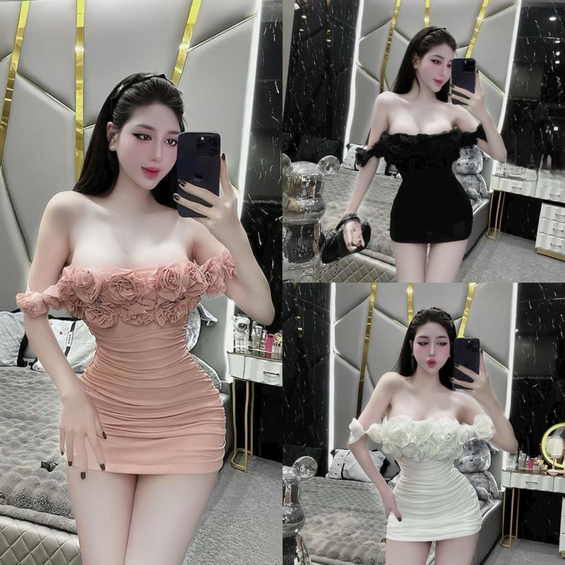 Đầm body thun lưới kết hoa nguc ngang vai mặc được 2 kiểu trễ vai, Đầm thun lưới ôm body mix hoa hồng co giãn tiểu thư sang chảnh sexy dự tiệc có kèm quần rời