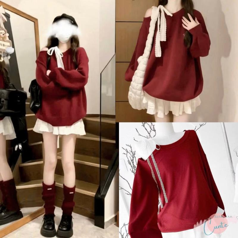 Sét Bộ Đồ Nữ Áo Hoodie Lệch Vai Thắt Nơ Mix Chân Váy Xoè Tầng Mặc Noel Tết By Losy