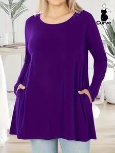 【plus Size】 Solid Pocket Round Neck Tee, Casual Long Sleeve Crew Neck Long Tee for Fall & Winter, Women's Clothes for Daily Wear