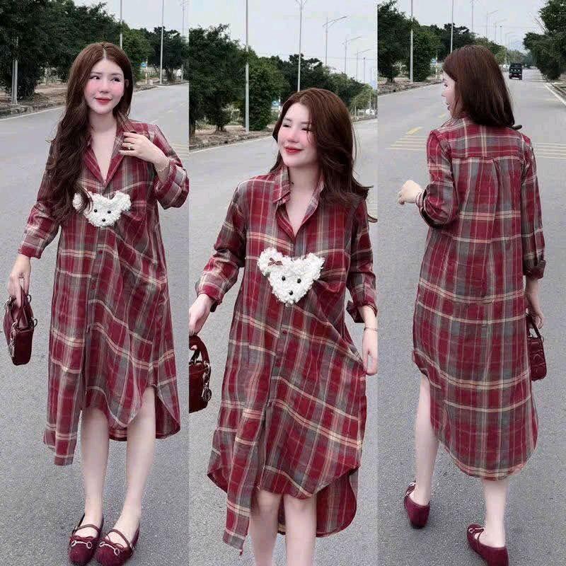 Đầm sơmi chất đủi sọc đính phụ kiện gấu lông xù dưới 58kg 4
