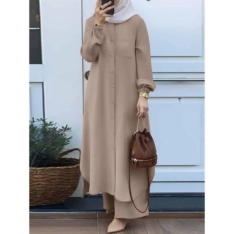 Muslim Women's Clothing Arabic Style Two-Piece Set Spring and Autumn New Women's Long Sleeve Shirt and Long Pants Set