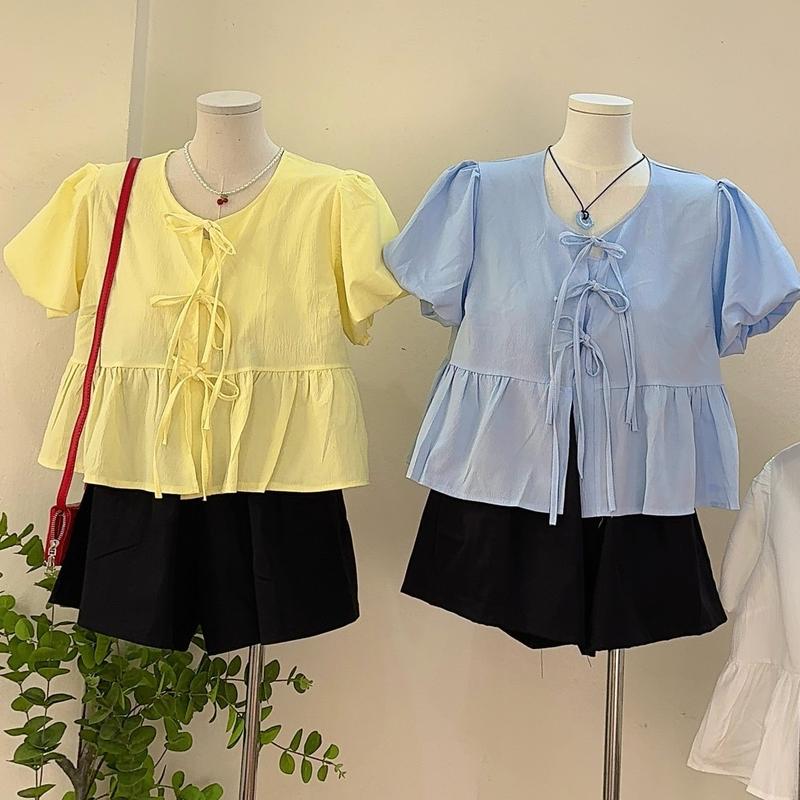 Áo sơ mi buộc dây tay bồng dáng ngắn chất vải đũi sần M195