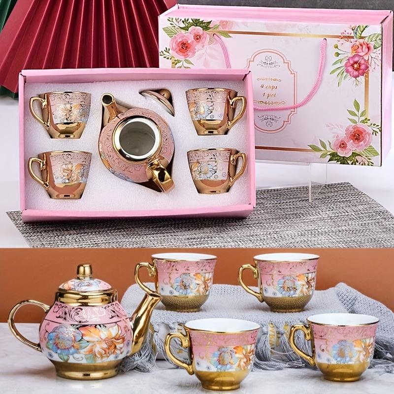 Product Introduction of Set Teh Porselin, 5 Keping, Teko dan Cawan Bunga Elegan, Set Teh dan Kopi Bersalut Emas, dengan Kotak Hadiah, Sesuai untuk Majlis Teh, Restoran, Kafe, Pilihan Ideal untuk Krismas, Kesyukuran, Hari Valentine, Hari Ibu, Hari Bapa 0