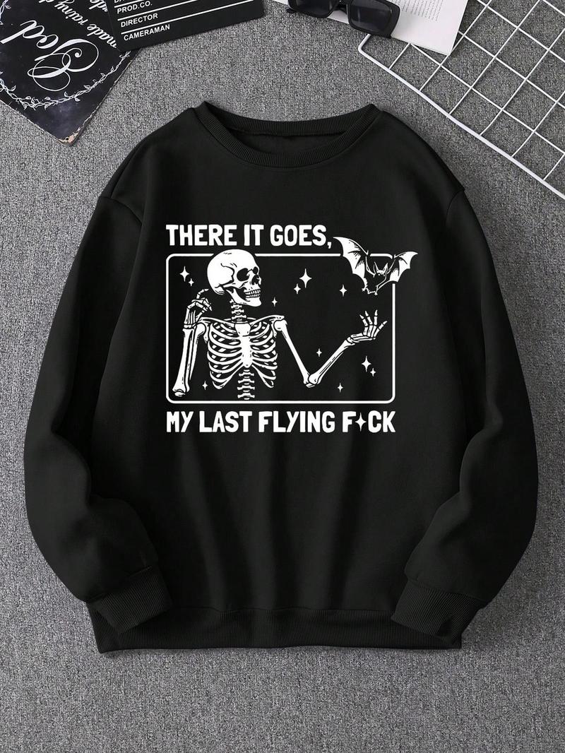 Product Introduction of Women's Skeleton & Letter Print Drop Shoulder Sweatshirt, Casual Long Sleeve Round Neck Pullover for Fall & Winter, Ladies Clothes for Daily Wear 3