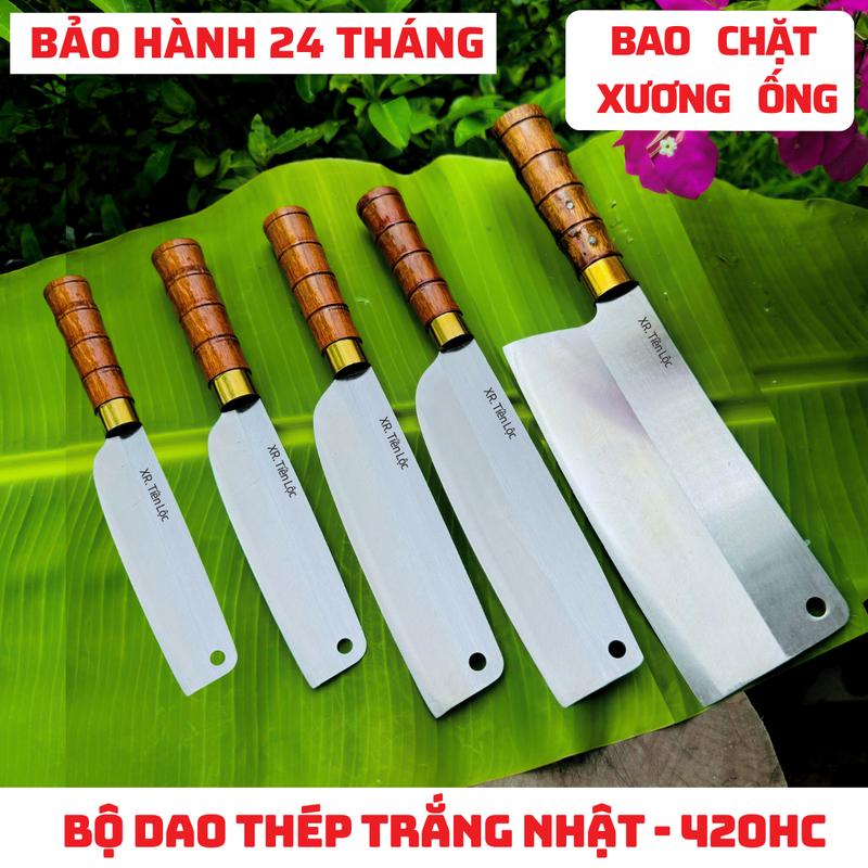 Combo dao thép trắng không rỉ Xương Rèn Tiến Lộc, cán gỗ muồng, đa năng trong nhà bếp