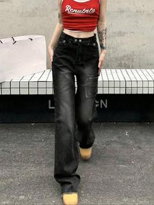 ファッショナブルなレトロなハイウエストのゆったりとした女性用デニムのロングパンツ