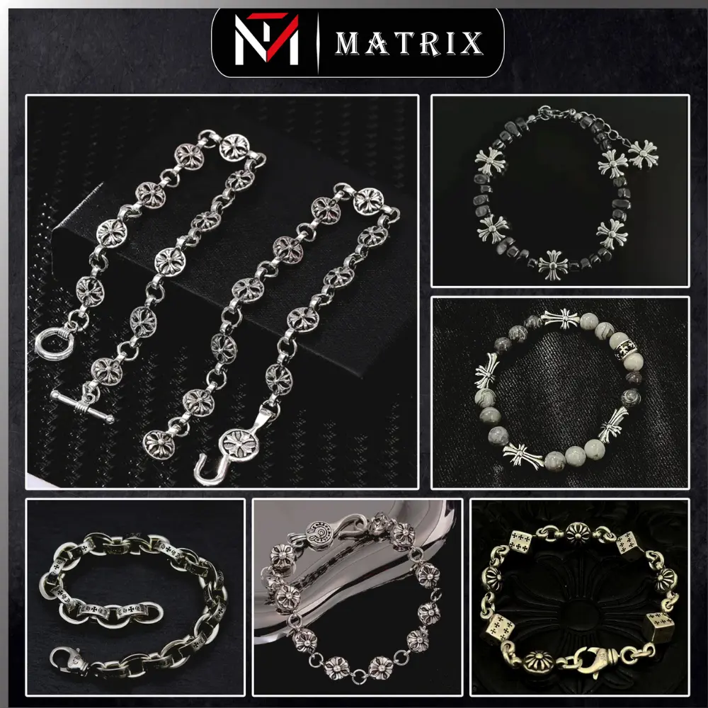 Vòng Tay Chrome Heart Men Retro - Lắc Tay Nam Nữ Gothic Ngầu cá Tính  - Vòng Đeo Tay Nữ Không Gỉ Unisex Matrix