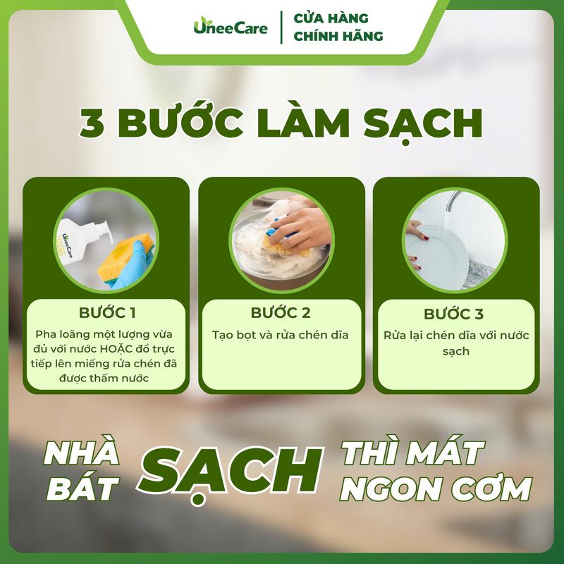 Nước rửa chén bát gốc thực vật UneeCare - Làm sạch dầu mỡ dù chỉ 1 giọt nhỏ. Hương Trà Xanh và Lô Hội. An toàn cho da nhạy cảm. 6