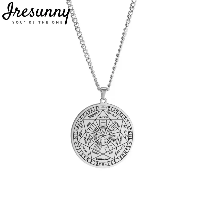 Vintage Laser Engraved Archangel Seal Seven-pointed Star Round Pendant Necklace Stainless Steel Black Gold Silver Color Jewelry