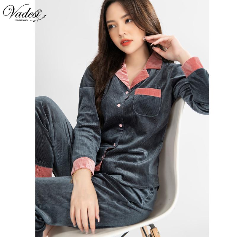  Bộ Đồ Thu Đông Nữ  VADESI Set Pijama Giữ Nhiệt Dài Tay Nhung Tăm Cao Cấp Mùa Đông Mặc Nhà Sau Sinh Đẹp Mềm Mại 