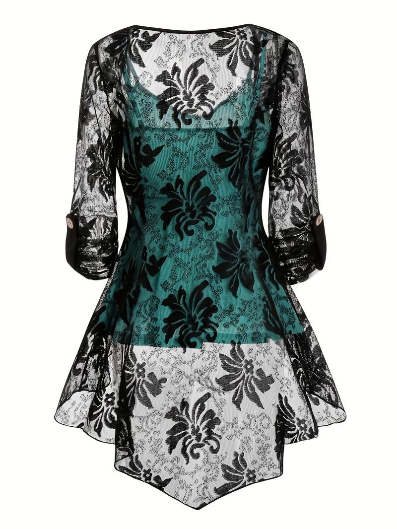 Product Introduction of Plus Size Three-piece Set Backless Peplum Cami Top & Fake Buttons Sheer High Low Contrast Lace Blouse & Skinny Pants, Year-round Three Piece Outfits, Summer Clothes, Co Ord Set, Plus Clothing 2