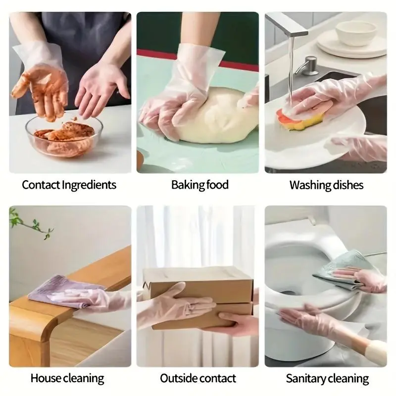100/200/300 Easy-to-use Disposable Gloves - Disposable Food Preparation Gloves, Transparent, Suitable for Food Service, Cleaning, Food Processing, 4