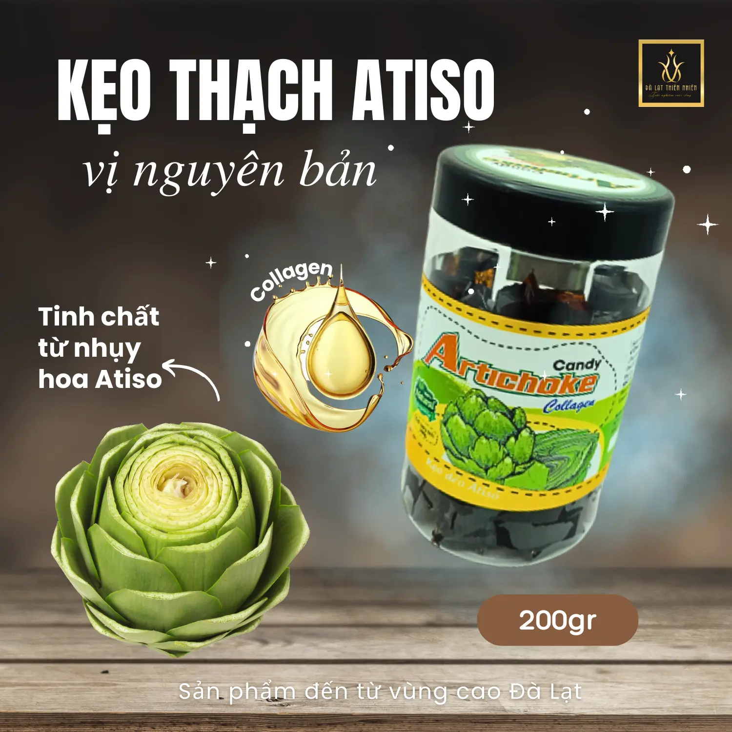 Kẹo Atiso vị nguyên bản, mix trái cây hủ 200gr - Chiết xuất mật bông Atiso nguyên chất, đường mía, ít đường Đà Lạt Thiên Nhiên Farm - snack ăn vặt food Candy