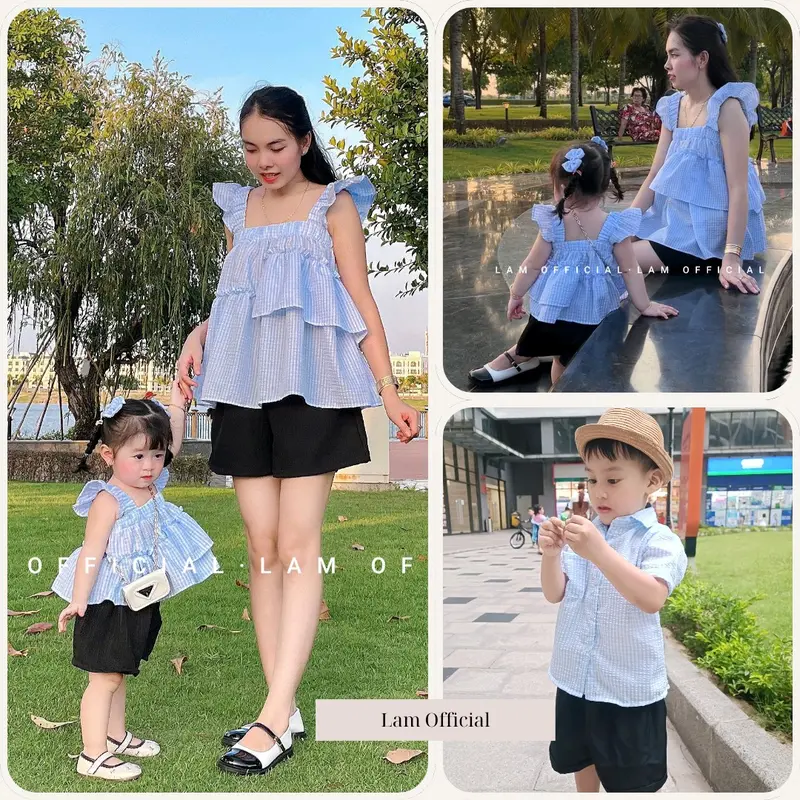 [MẸ/BÉ TRAI GÁI] Đồ đôi mẹ bé trai gái áo caro xanh nhí mix sort đen cho mẹ bé đi chơi 2