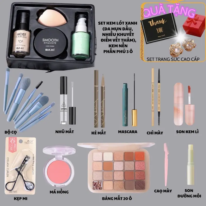 Bộ trang điểm cao cấp 15 món makeup chuyên nghiệp hottrend bộ makeup sang chảnh, hàng nội địa trung chính hãng kiềm dầu Cosmetic Nữ Women Phấn Phủ Son Perfume Mỹ Phẩm Kem Lót 1