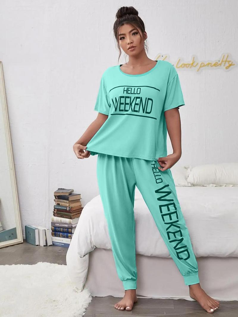 Product Introduction of Plus Size Letter Print Tee & Pants Pyjama, Casual Comfy Round Neck Short Sleeve T-shirt & Trousers PJ Set, Women's Sleepwear for All Seasons 1