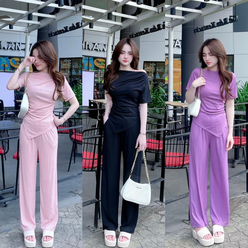 SET THUN GÂN TĂM LẠNH ÁO TRỄ VAI MIX QUẦN ỐNG SUÔNG NỮ TÍNH THỜI TRANG